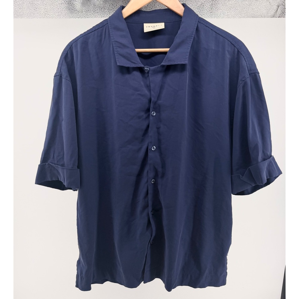 YOUNGLA Navy Blue Short‎ Sleeve Button Up Shirt Large Men's Lounge 0644